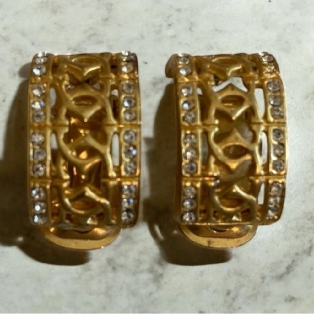 Vintage Goldtone Hoop Earrings with Clear Rhinestone Accents